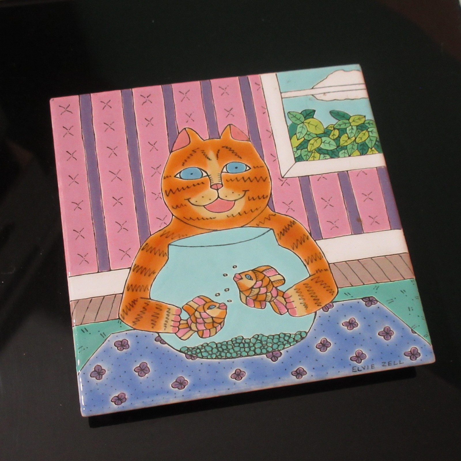 Vtg 70's Elvie Zell Signed Enamel Copper Orange Cat w/ Fishbowl Framed Tile Art