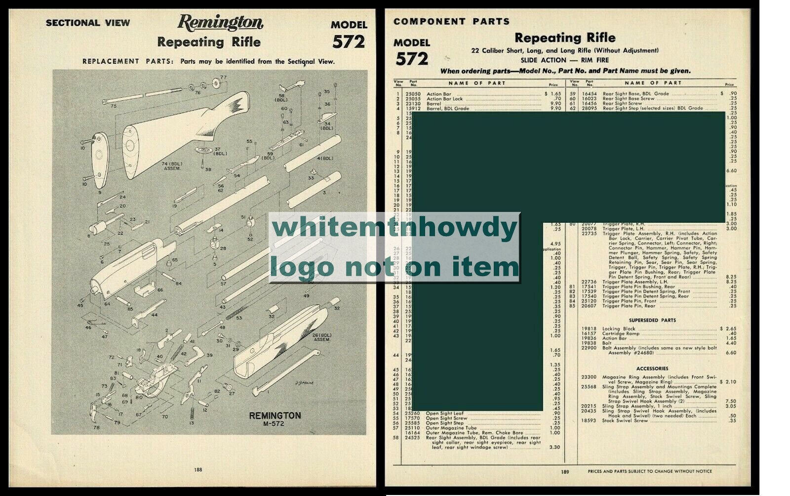 1964 REMINGTON 514 .22 Bolt Action Rimfire Rifle 2-page Schematic and Parts List