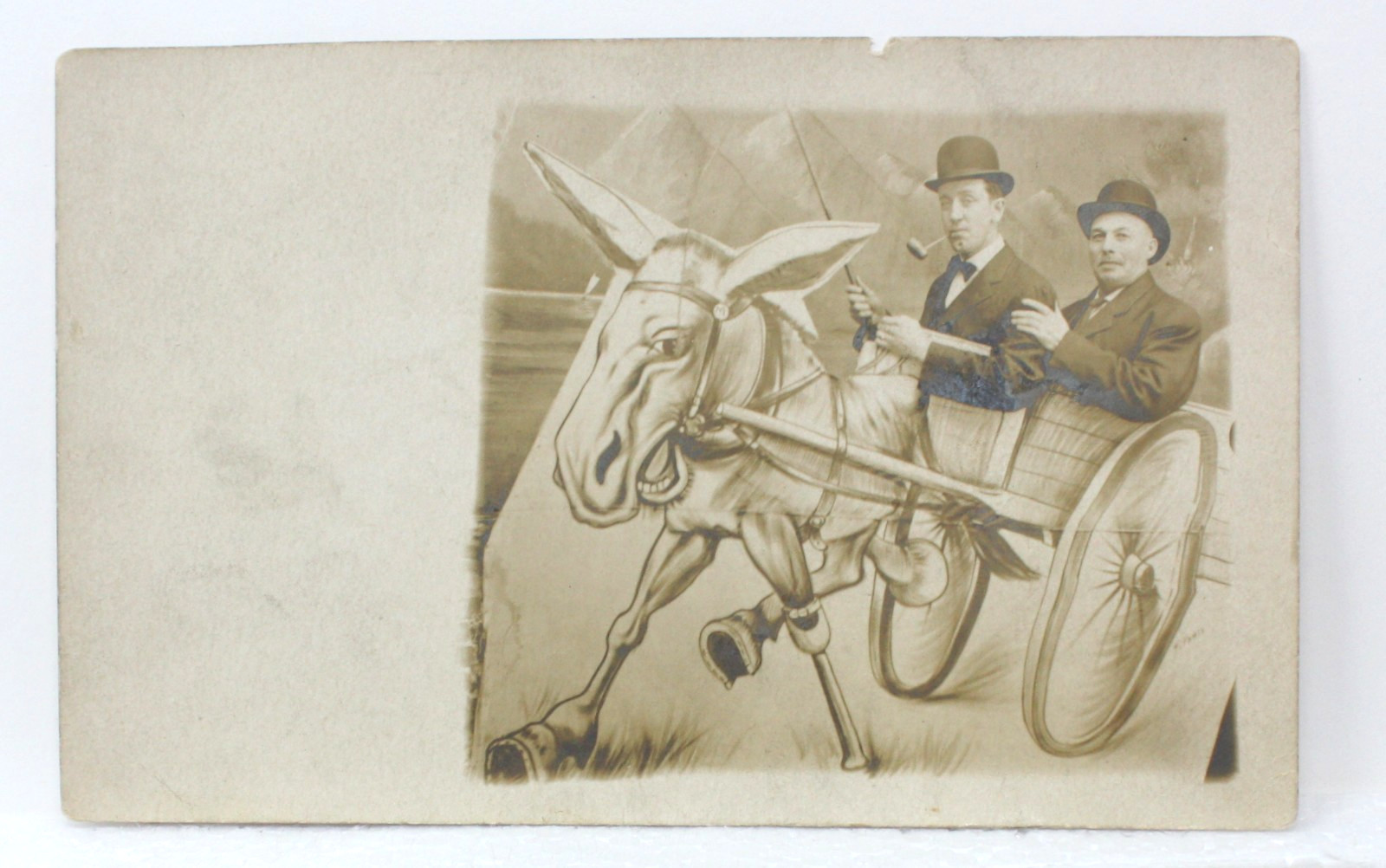 Vtg RPPC Handsome Men in Cart Bowler Hats Wooden Leg Mule Studio Photo Postcard