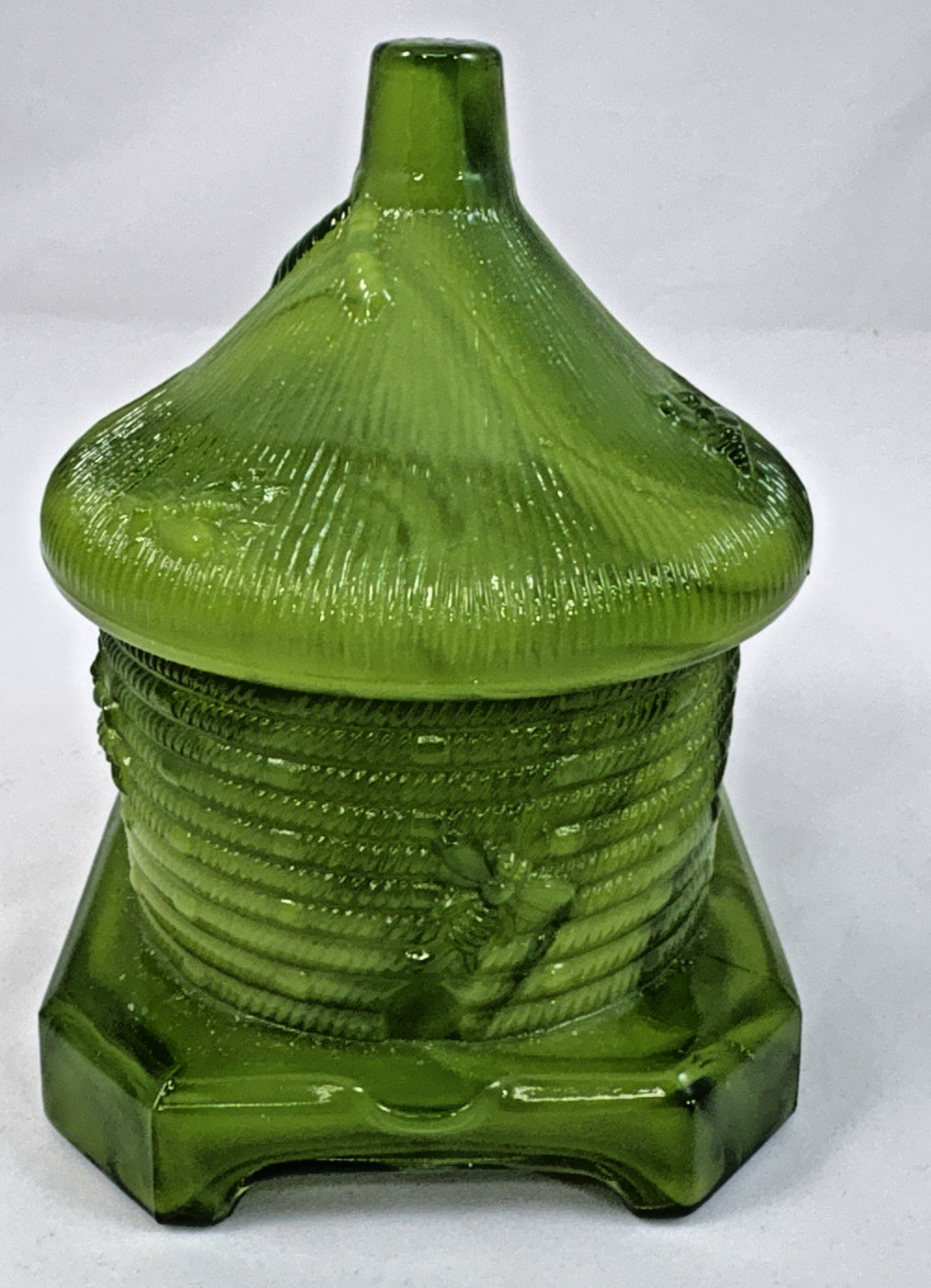 Boyd Green Slag Milk Glass Bee Hive Honey Pot Covered Dish-MARKED