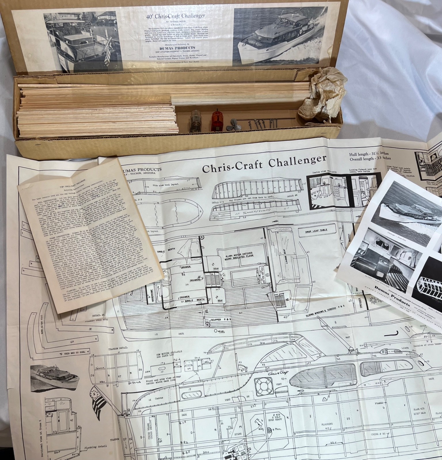 Rare Vintage 1950s Dumas Chris-Craft Challenger 33-1/2 Wooden Modle Kit Complete