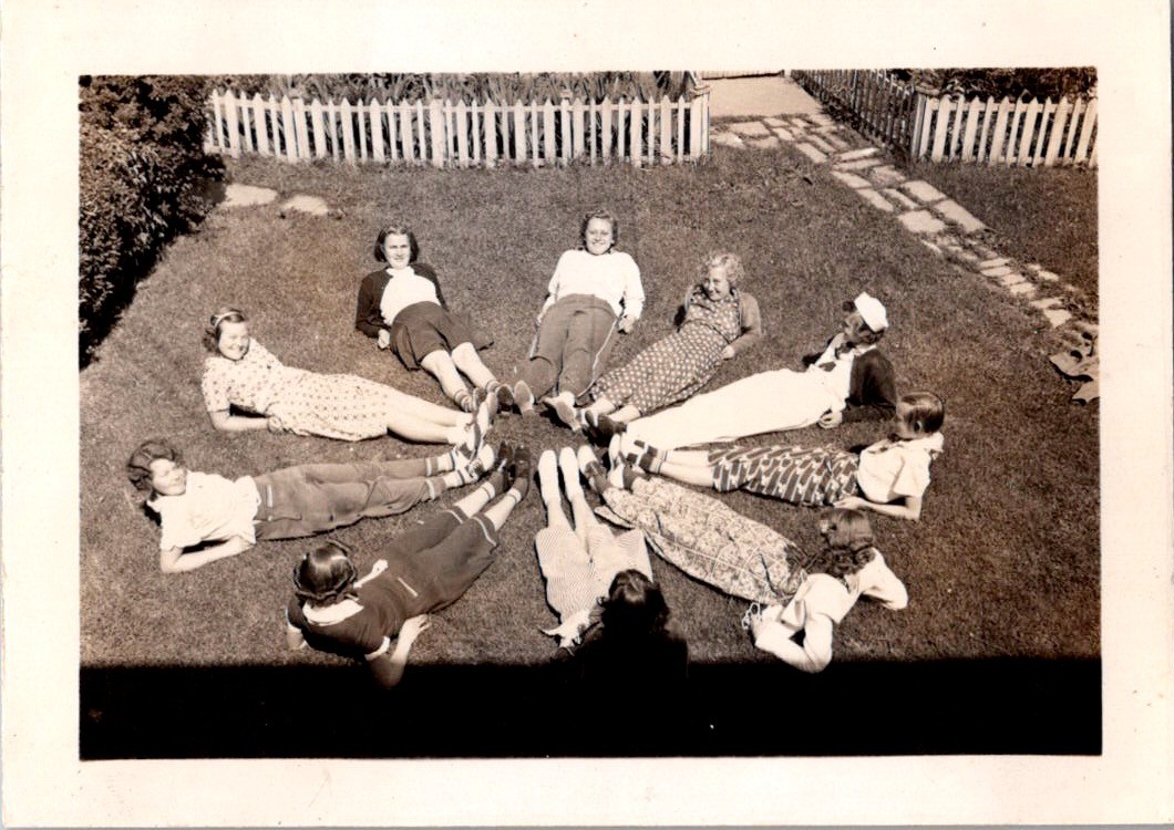 1938 Vintage Snapshot Photo Group of Girls Women Lying in Circle on Grass Lawn