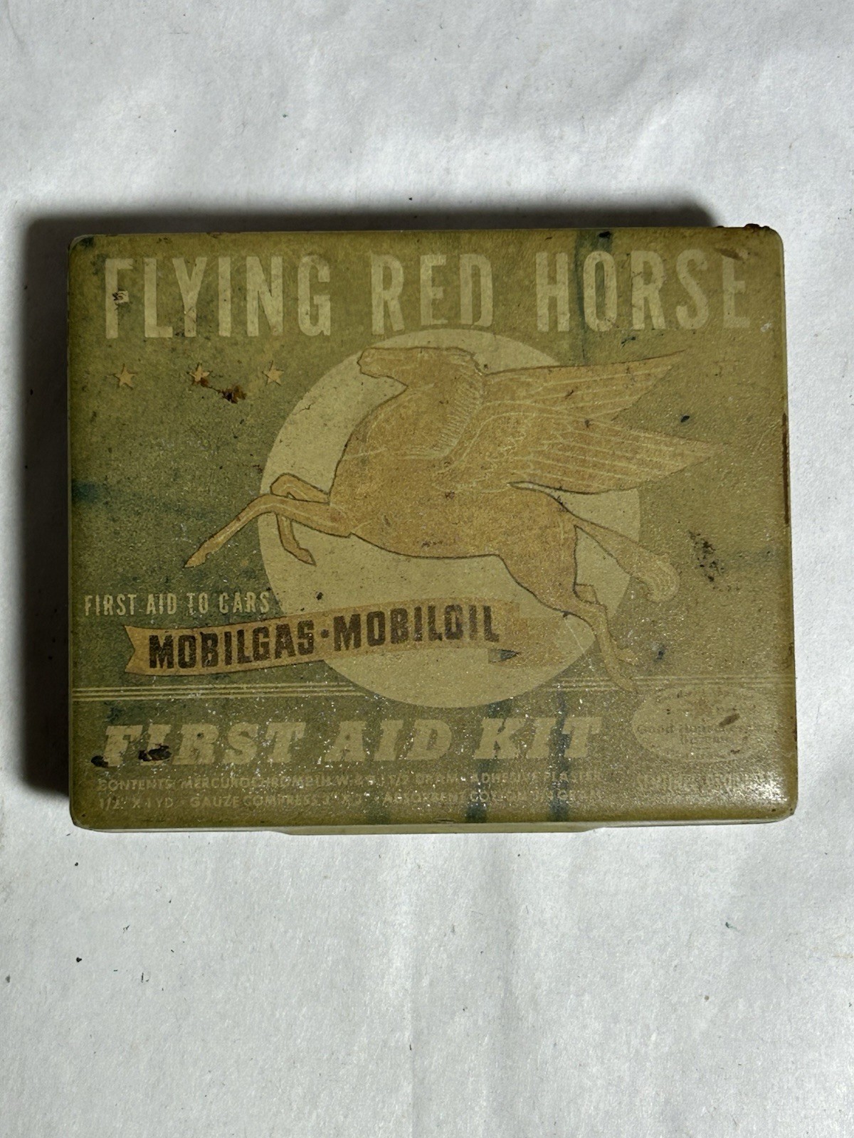 Vintage 1930\'s Mobil Oil Flying Red Horse Tin First Aid Kit Mobilgas Mobiloil