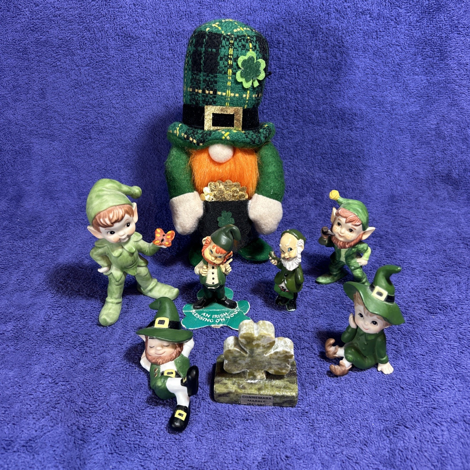 Lot Of 7 Leprechauns 1 Is Marked Lefton And Carved Connemara Marble Shamrock #2
