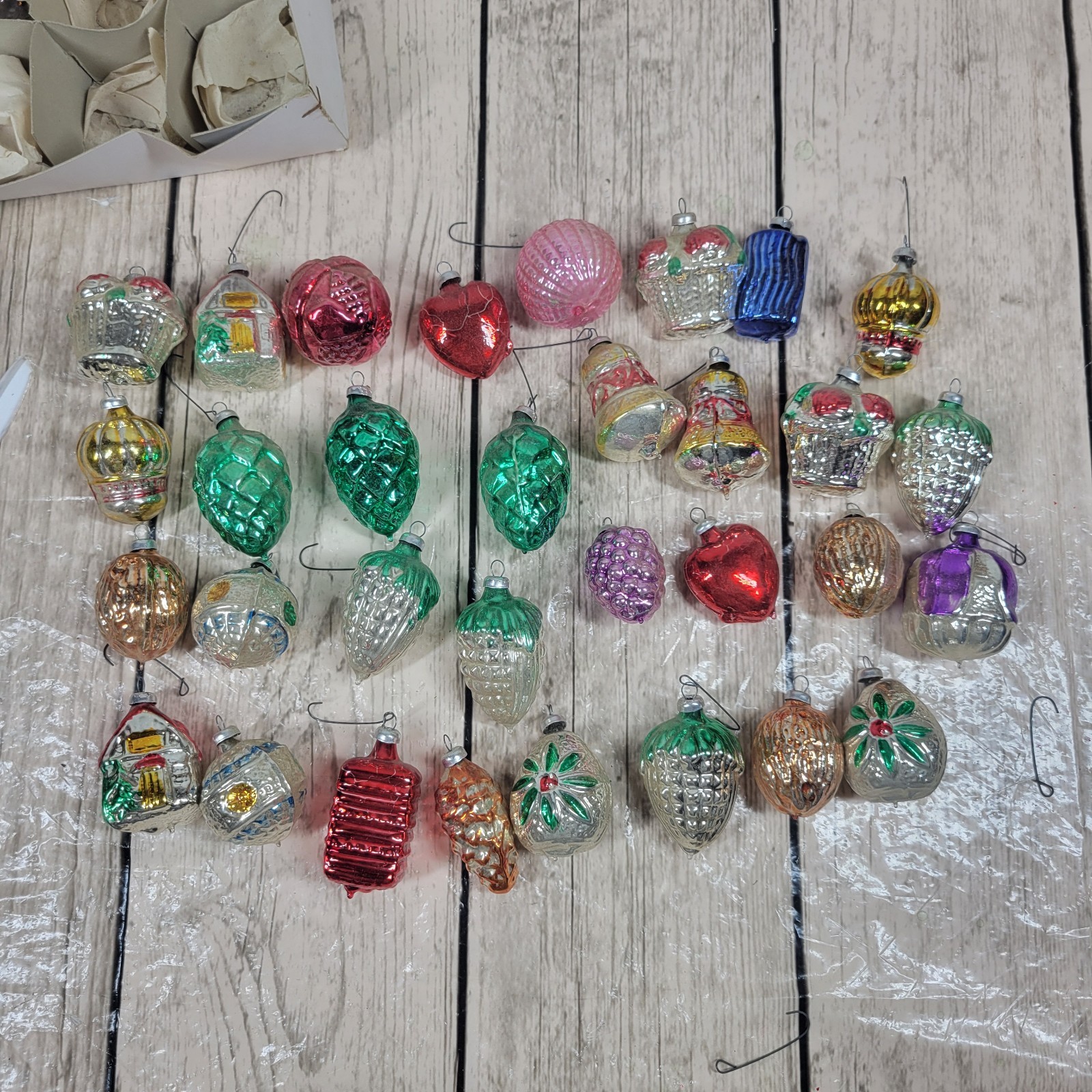 32 Vintage Figural Mercury Glass Christmas Ornaments Pinecones Houses Fruit More