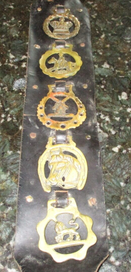 Five Vintage Horse Brass Medallions on  leather strap