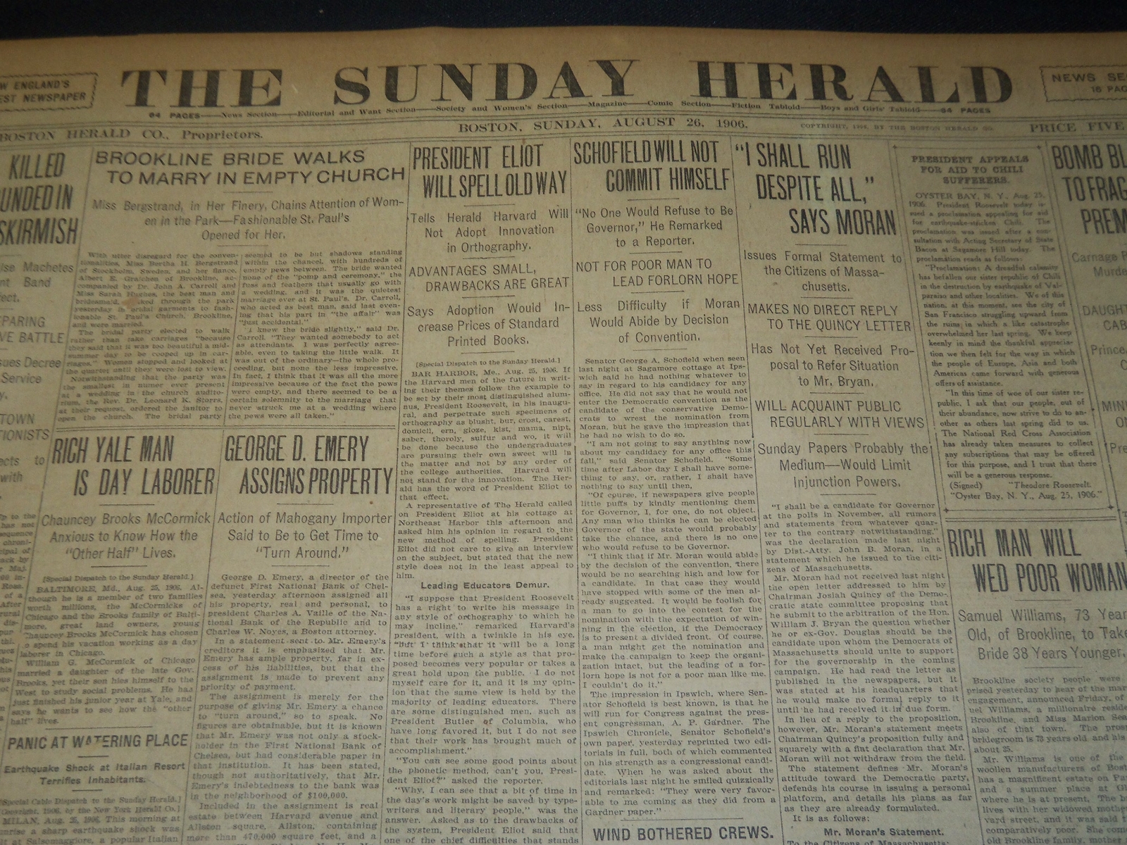 1906 AUGUST 26 THE BOSTON HERALD - PRESIDENT ELIOT WILL SPELL OLDWAY - BH 107