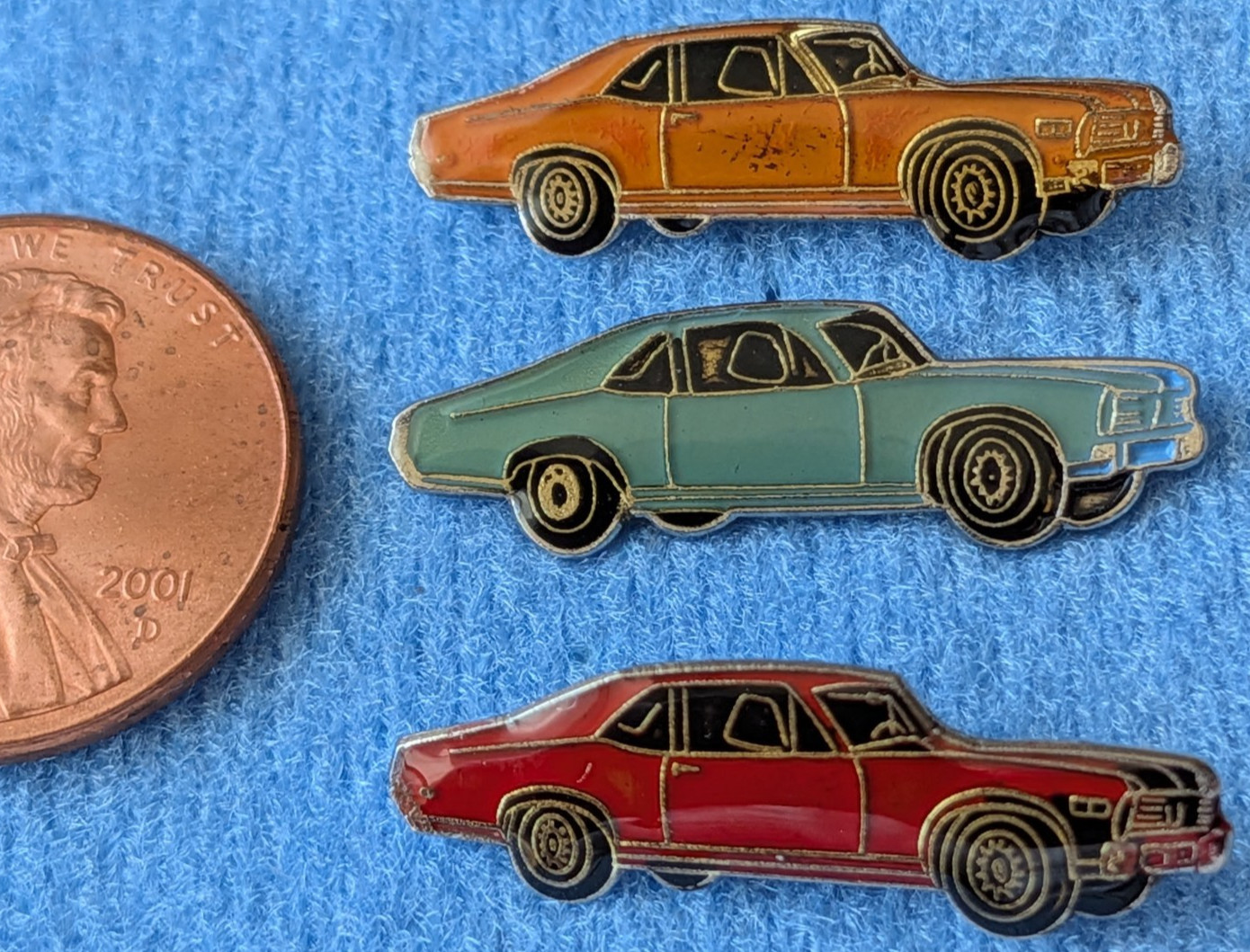 Three NOS 1980s Vintage 1968 Chevrolet Nova Shaped Enamel Lapel Pins 3 Colors 1\