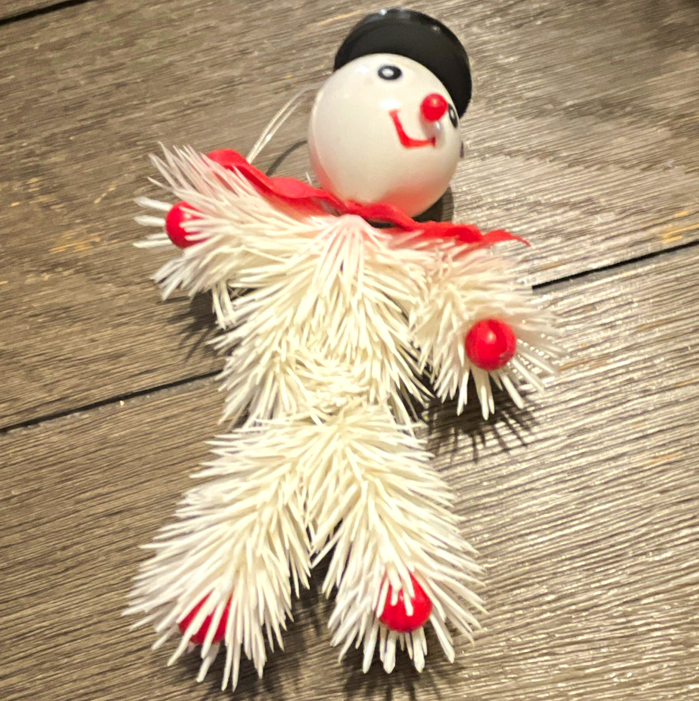 Vintage Snowman Spiky Christmas Hanging Ornament Plastic White Red Black 1pc