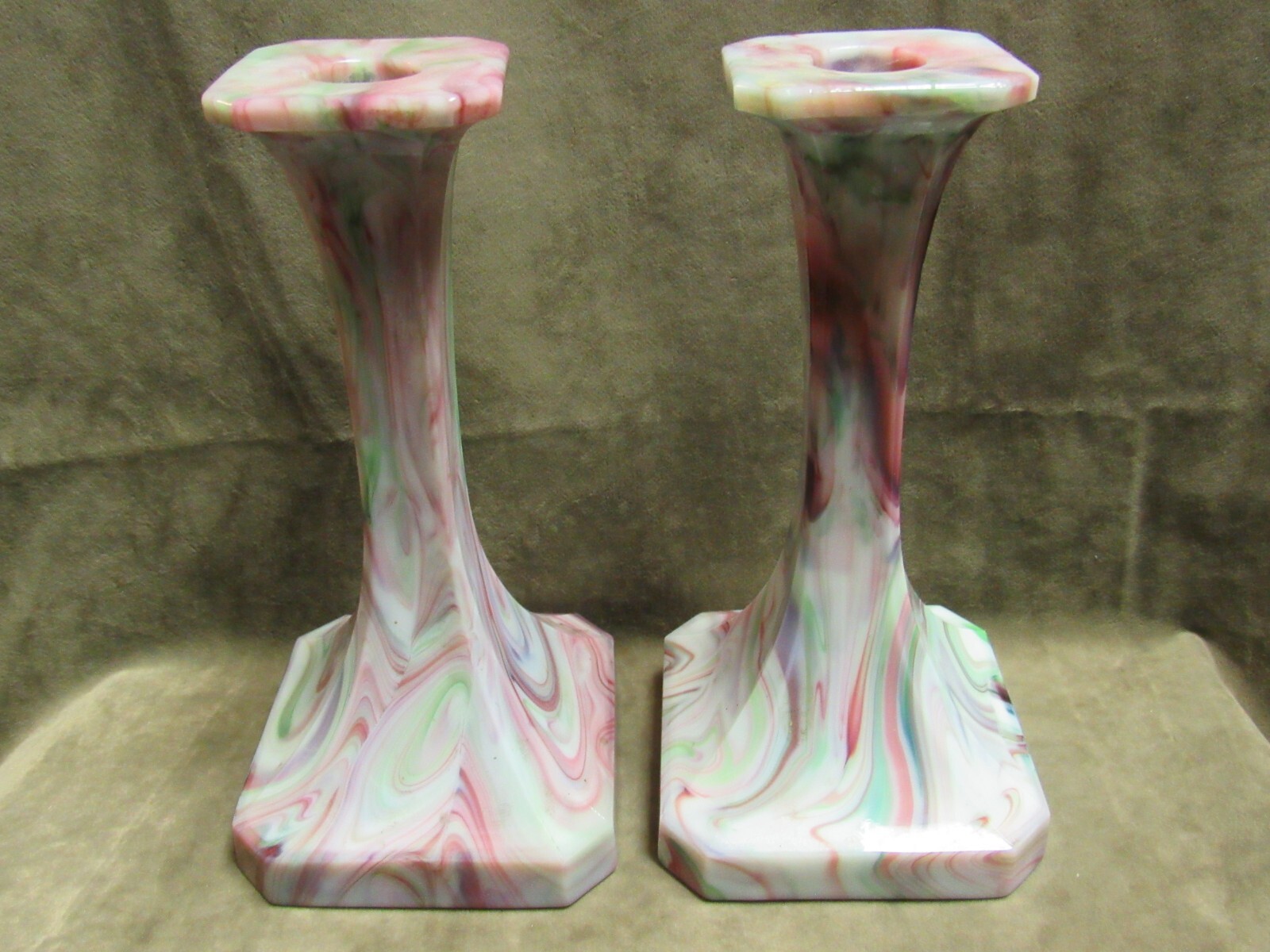 Vintage 1900\'s Slag Glass Tall Candlesticks Pink Green Clear Purple Unique Color