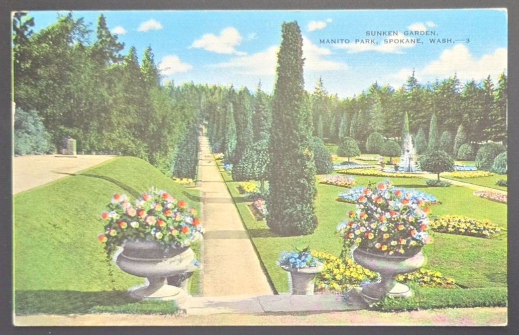 Vintage 1940s Sunken Garden Manito Park Spokane WA Linen Postcard