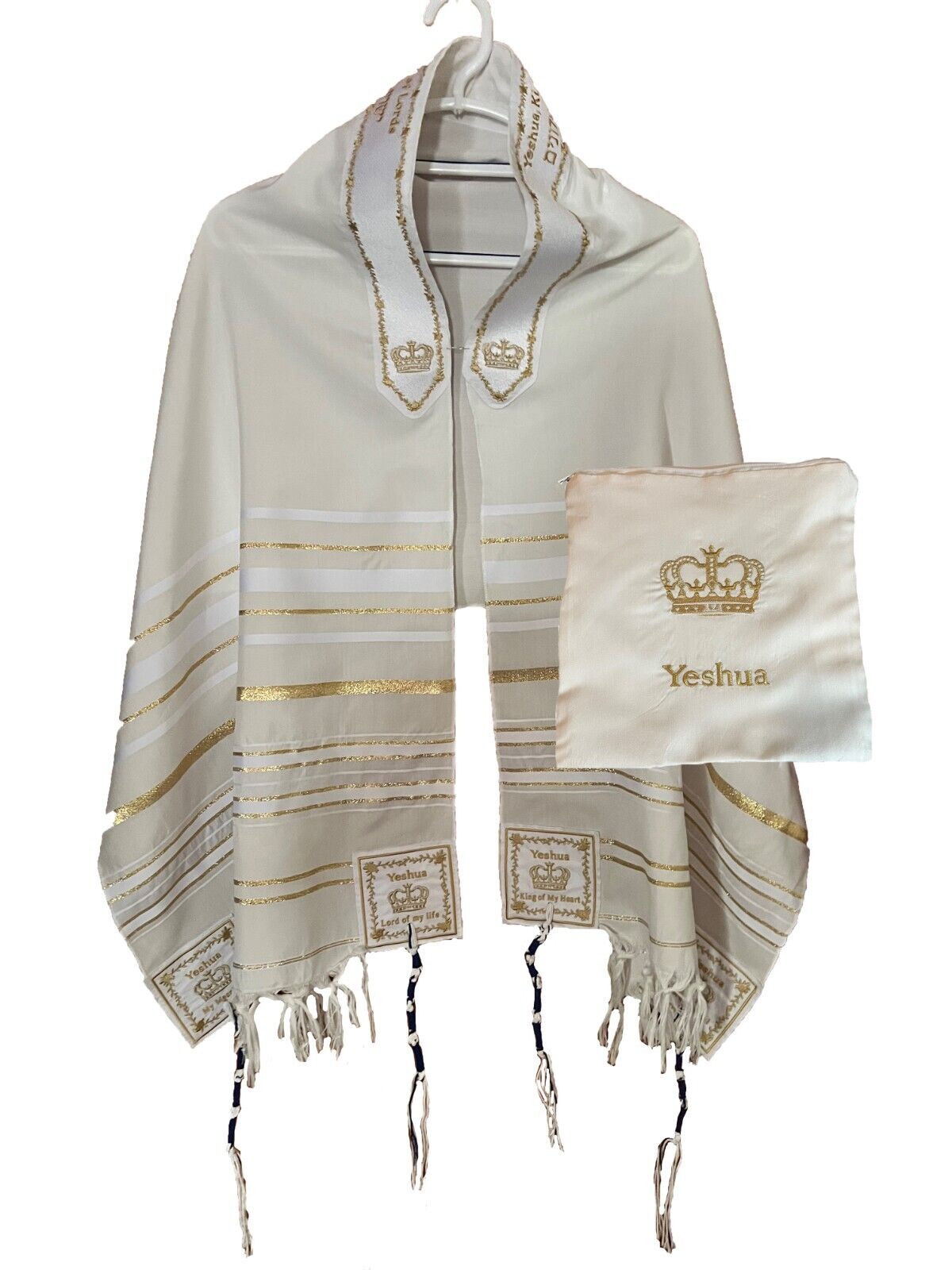XTRA Large WHITE & GOLD Yeshua Messianic Tallit Prayer Shawl & Talit Zipper Bag