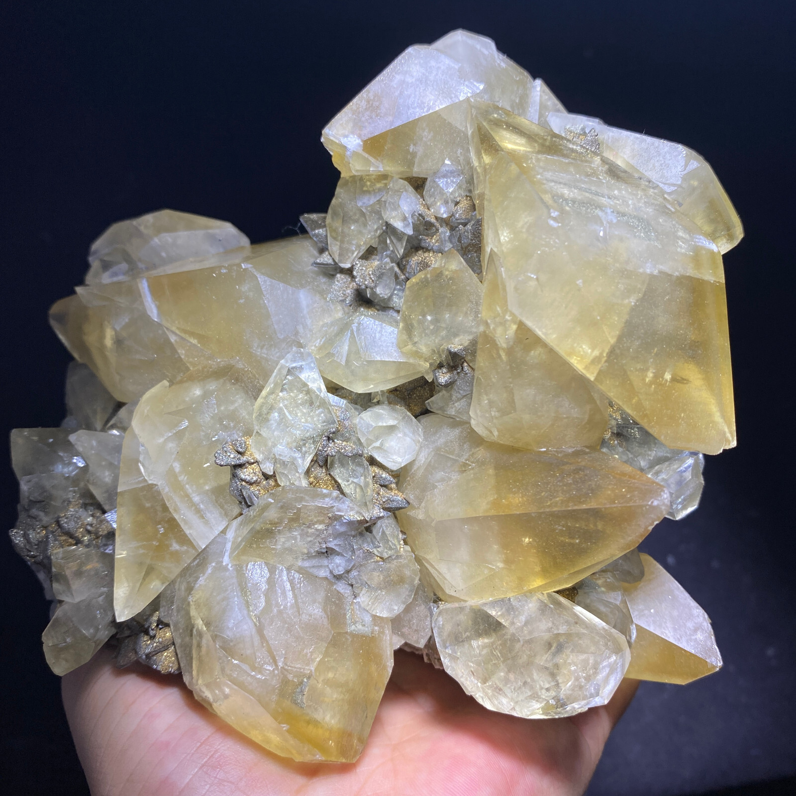 988g Rare Golden Calcite & Dog Tooth Calcite & Rainbows Pyrite Mineral Specimen