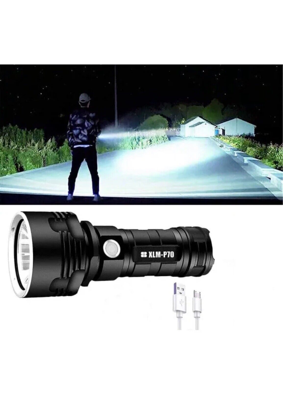 XLM-P70 Long Range LED Flashlight Torch USB Waterproof 3Mode Rechargeable Bright