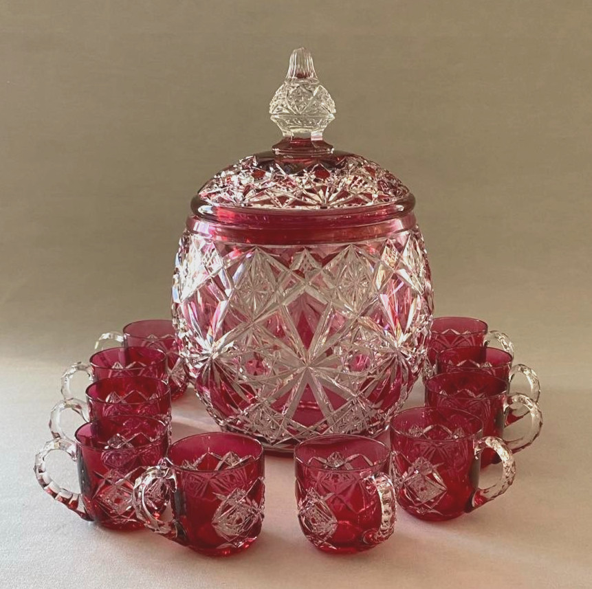 Vintage Cranberry Red Bohemian Cut Crystal Punch Bowl with 10 Cups