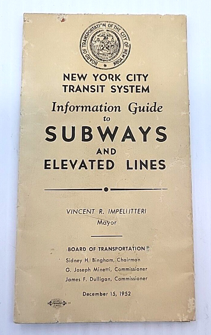1952 NEW YORK CITY FULL COLOR TRANSIT MAP TO SUBWAY & ELEVATED LINES GUIDE