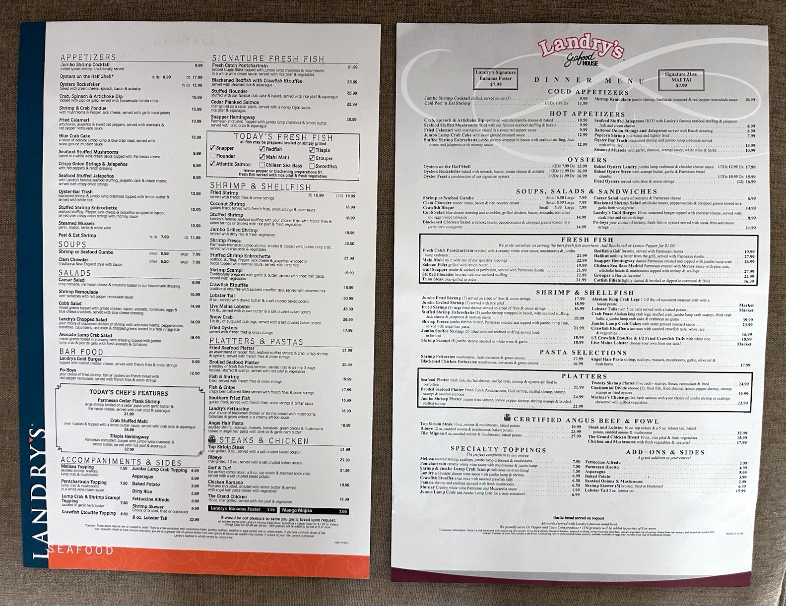 Vintage 2009 & 2012 Landrys Seafood Restaurant Menus Gulf Coast Dining 
