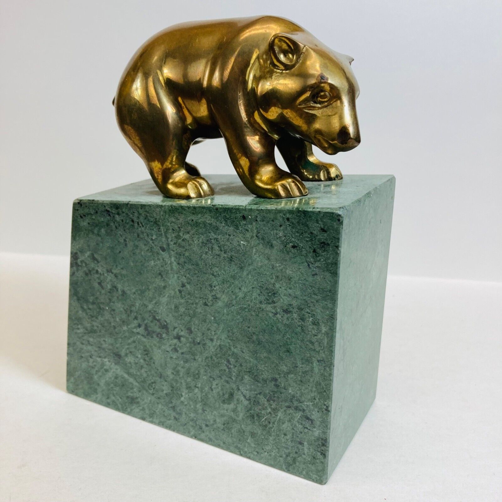 Italian Art Deco Bear Bookend Paperweight Green Marble Brass Vintage as is
