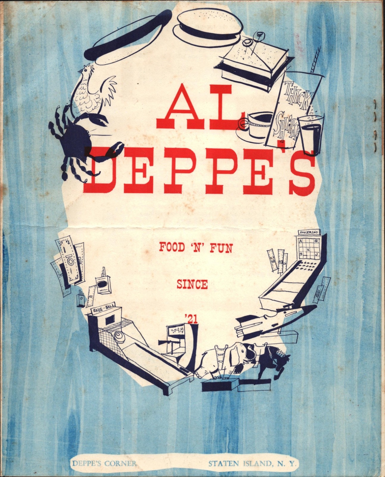 1950s AL DEPPE\'S FOOD \'N\' FUN ARCADE vintage dining menu STATEN ISLAND, NEW YORK