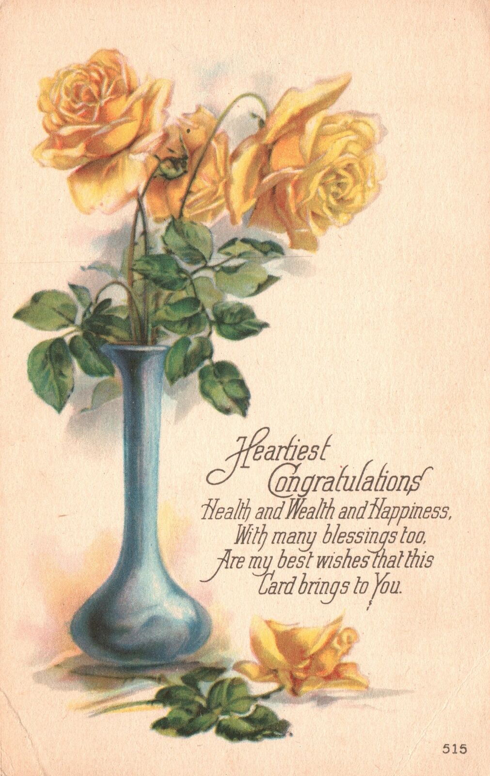 1921 Heartiest Congratulations Greetings Yellow Flowers & Vase Vintage Postcard