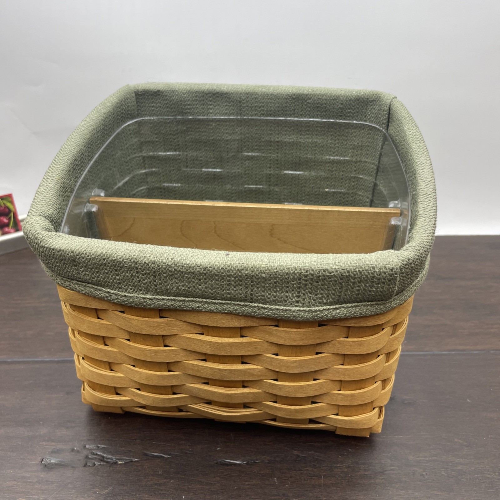 Longaberger 2007 TV Time Basket W/ Wooden Divider sage Fabric Liner W/Protector