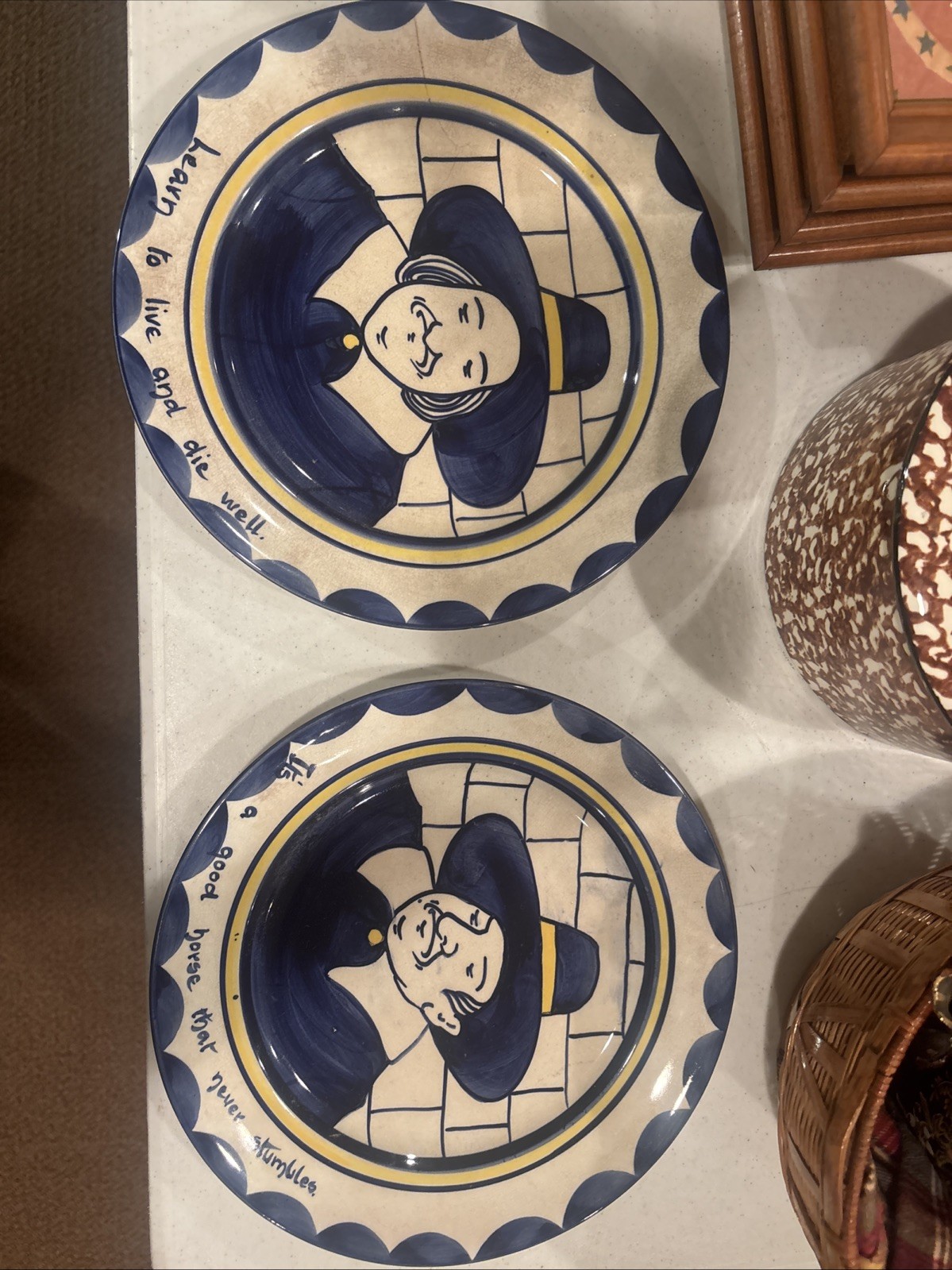 Pair Antique Bristol Pilgrim Plates Leaded Line Mottoware Pountney John Barker