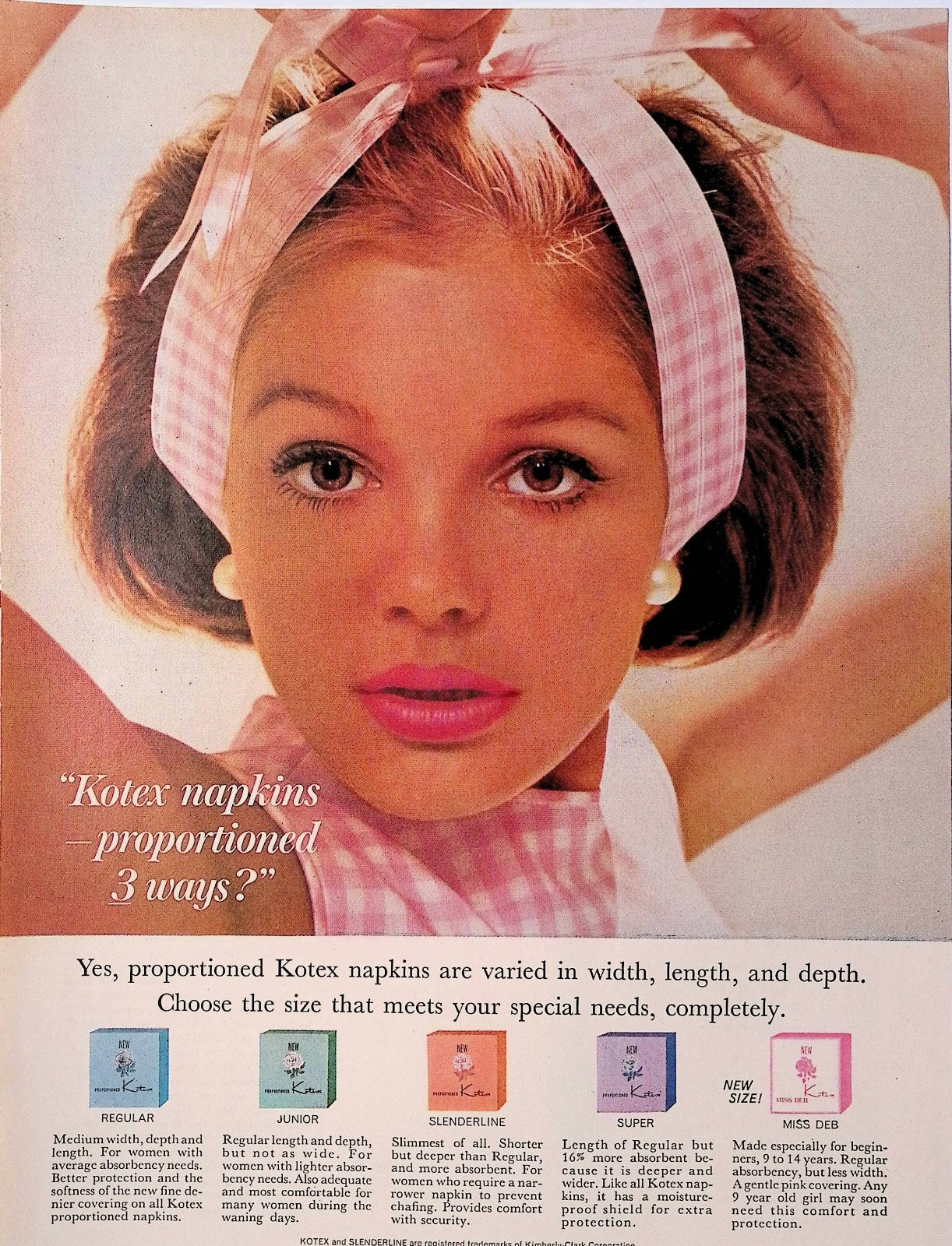 1964 Kotex Feminine Hygiene Sanitary Napkins Vintage Print Ad American Girl Aug