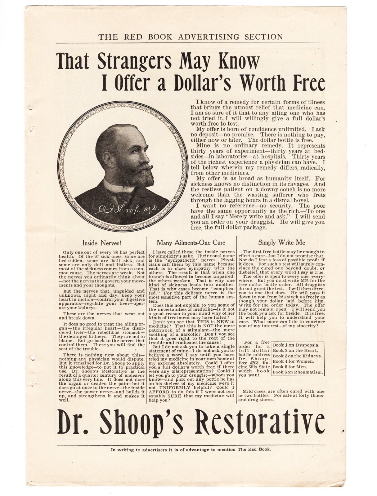 Original 1905 Dr Shoop's Restorative Quack Medicine Snake-Oil Antique Print Ad Original 1905 Dr Shoop's Restorative Quack Medicine Snake-Oil Antique Print Ad
