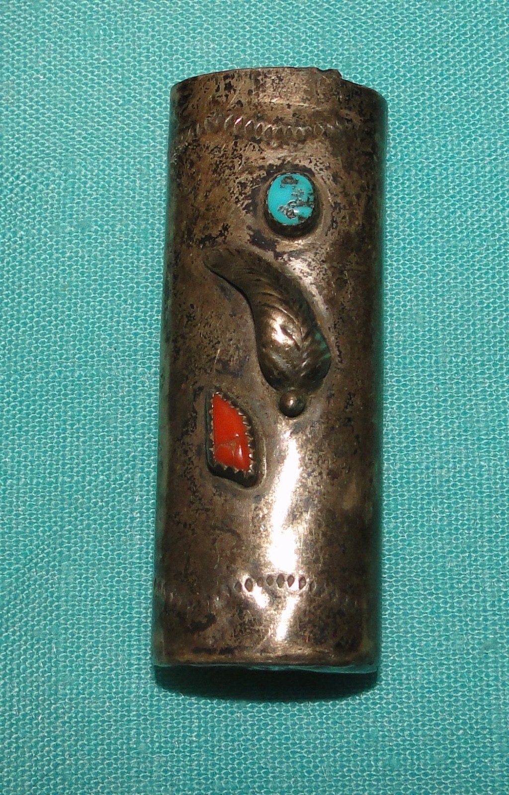 Vintage Sterling Silver Bic LIGHTER CASE Cover Turquoise Coral Signed HJ Navajo