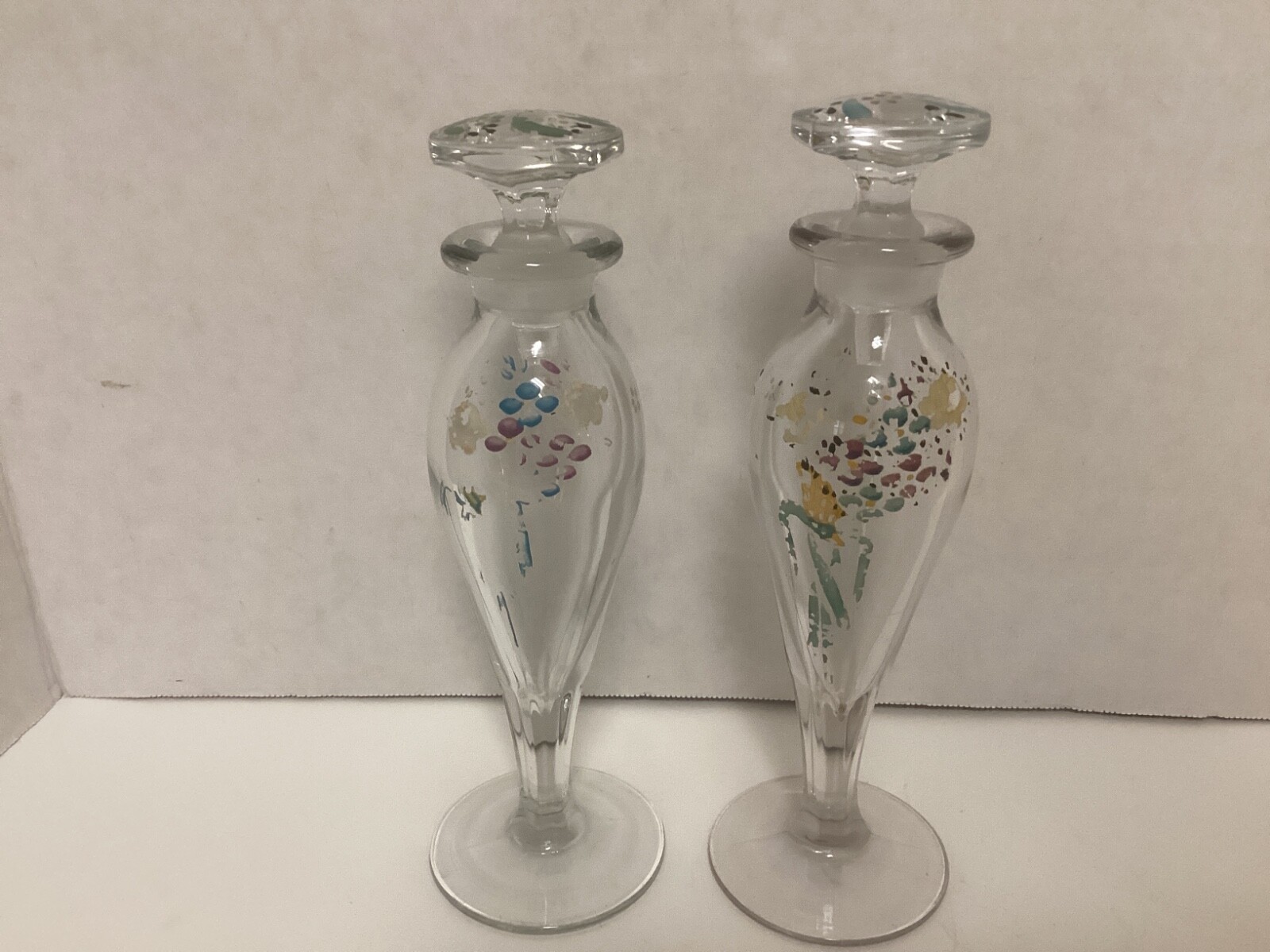 Vtg. Pr. Heisey Painted Embellishment Faceted Stem Perfume Bottles W/ Stoppers