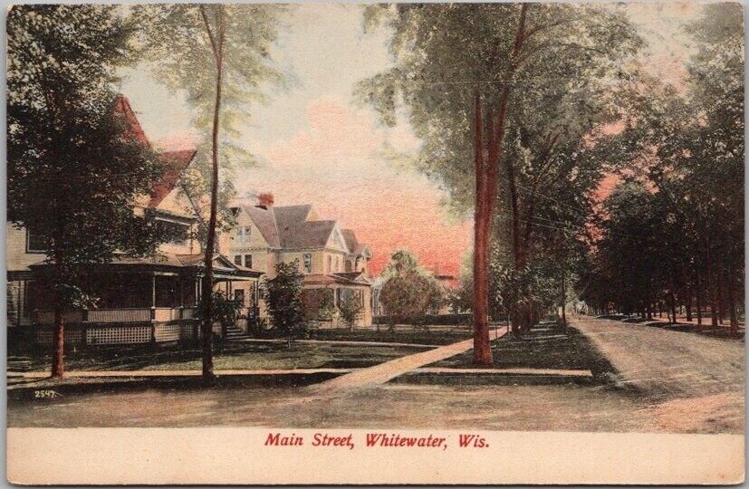 1910s Whitewater, Wisconsin Postcard MAIN STREET Residential Scene / Houses