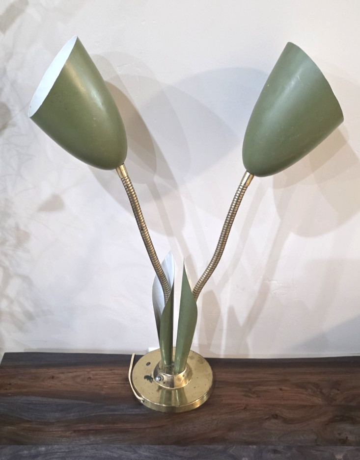 Vintage 1950s MCM Double Gooseneck Calla Lily Cattail Desk Lamp Green Gold Works