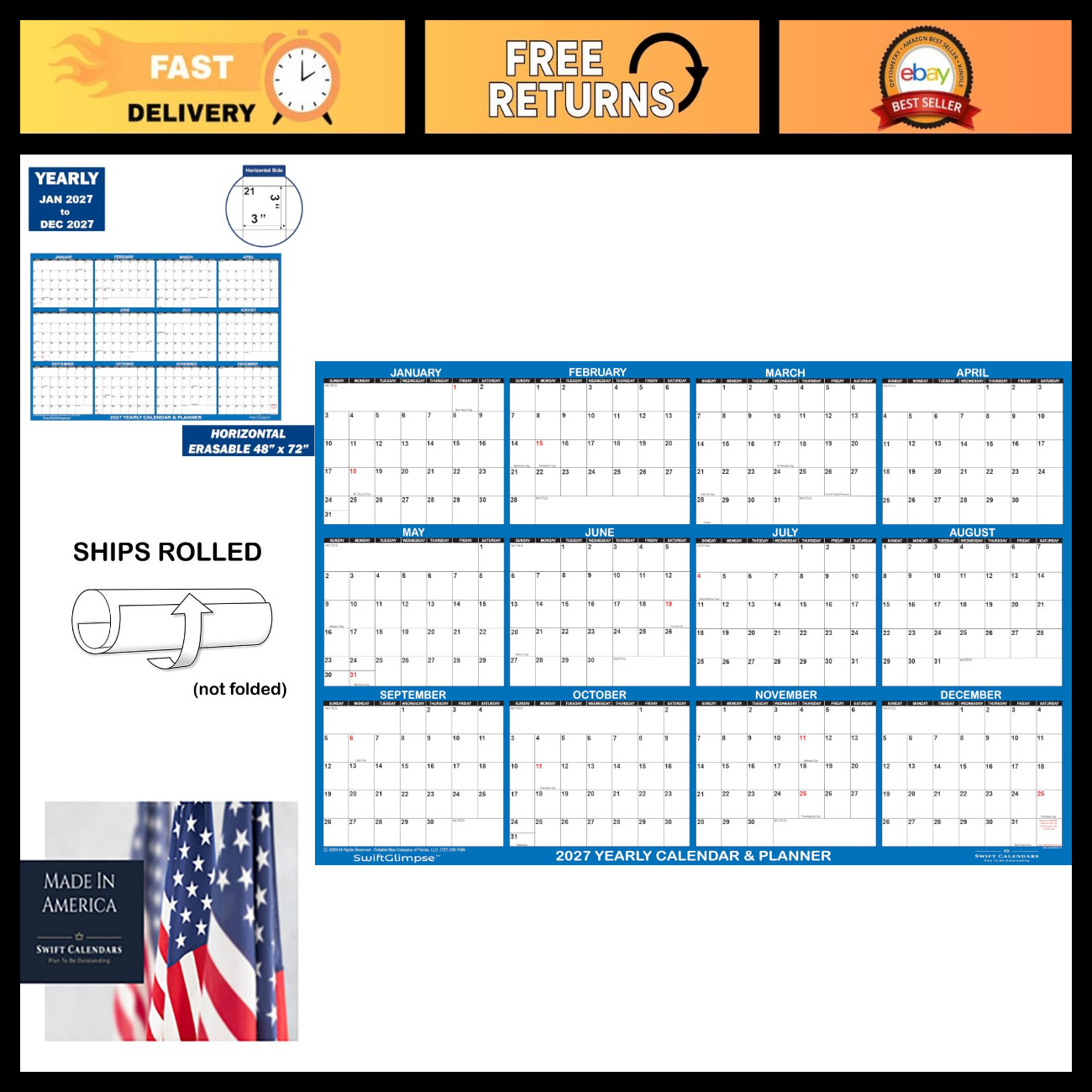 47x72 Erasable Jumbo Wall Calendar 2027 - Wet & Dry Erase, 12 Month Planner, Nav