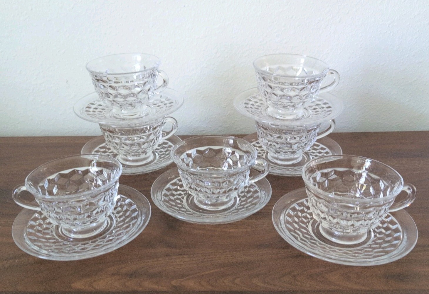 Vintage Fostoria American Clear Cubist Glass Cup & Saucer Set of 7 