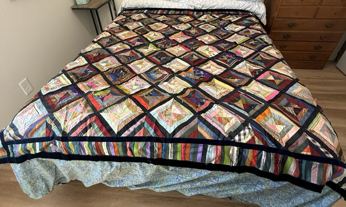 Antique Crazy Quilt - Pieced Silk w/ Velvet Back, 74\