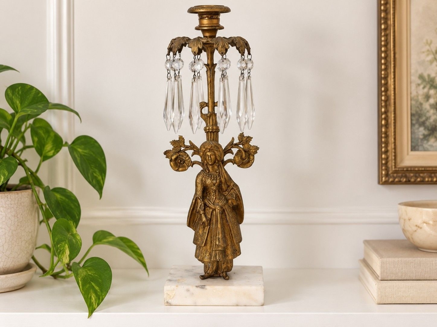 Antique Victorian Figural Girandole Candlestick Crystal Prisms Marble Base 15