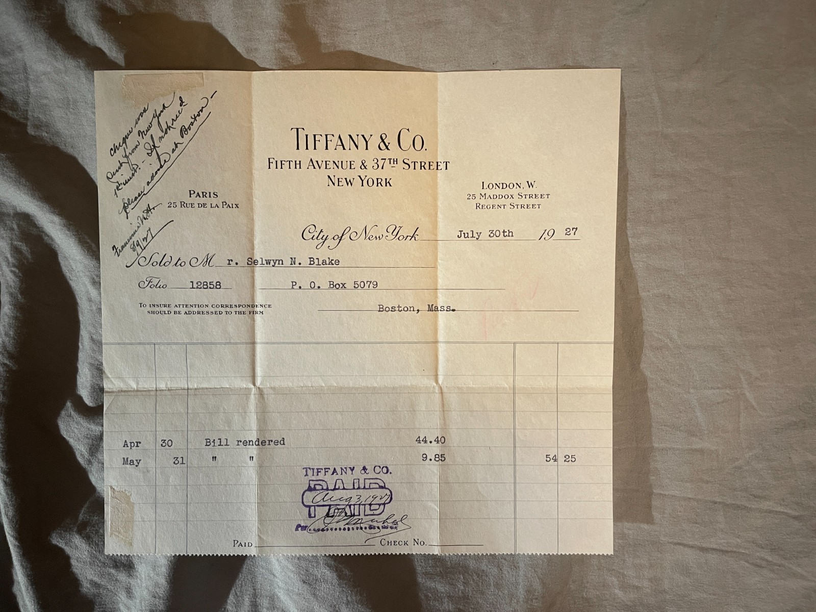 Tiffany & Co New York 1927 Invoice Billhead Letterhead Sales Receipt Vintage