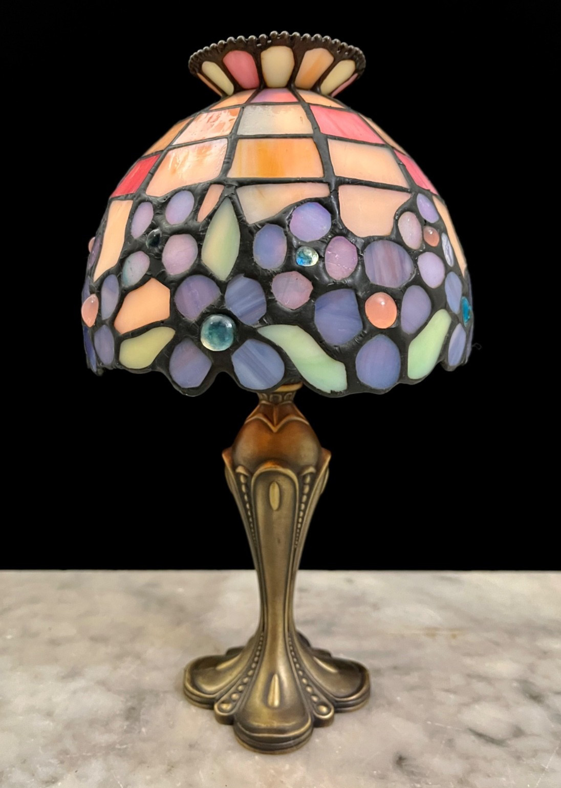 Vtg PartyLite Hydrangea Tiffany Style Stained Glass Shade Candle Lamp 10.75