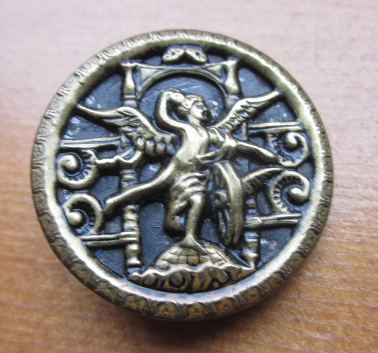 Antique Metal Picture Button ANGEL STANDING ON THE WORLD