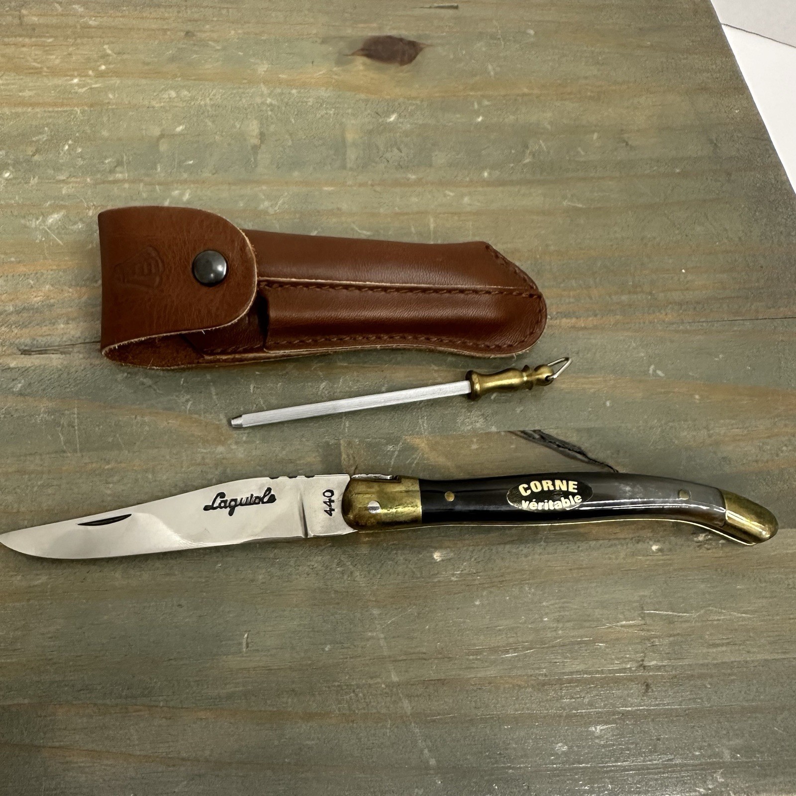 Vintage Laguiole Folding Pocketknife Stainless Clip Point W/ Case Sharpener Horn