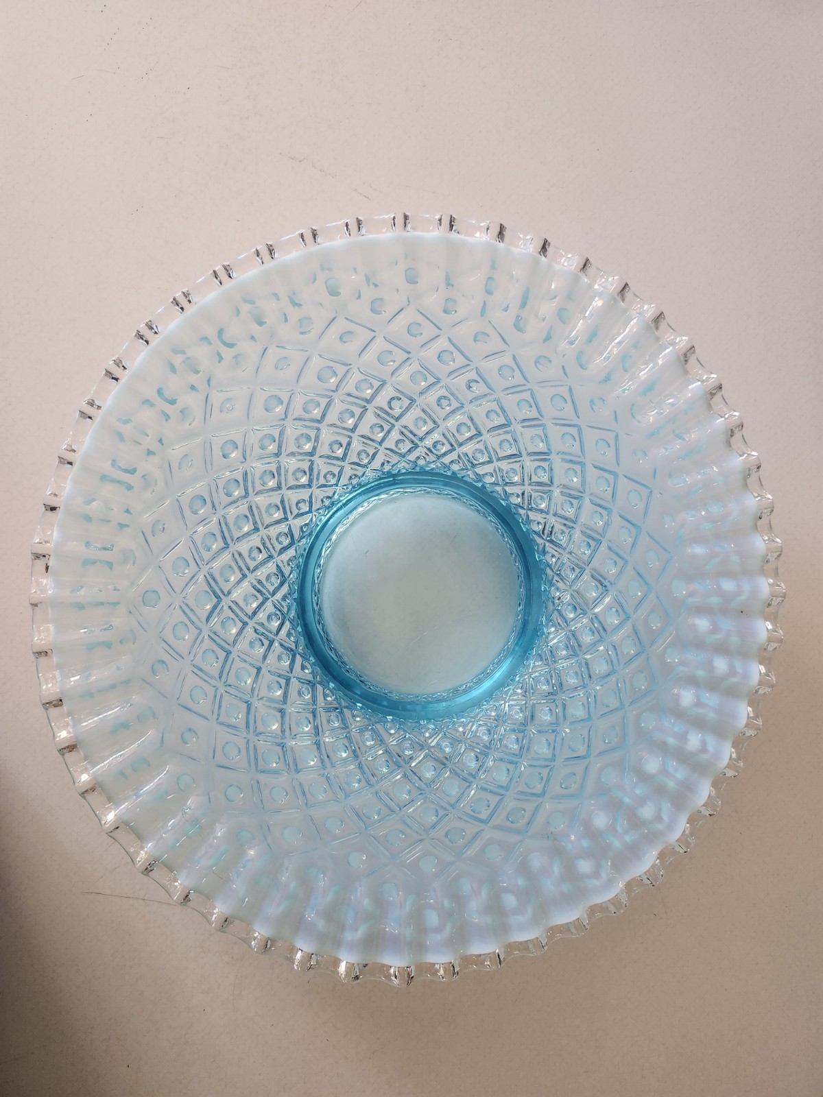 Fenton Diamond Lace Blue Opalescent Hobnail Crimped Bowl Rare Excellent