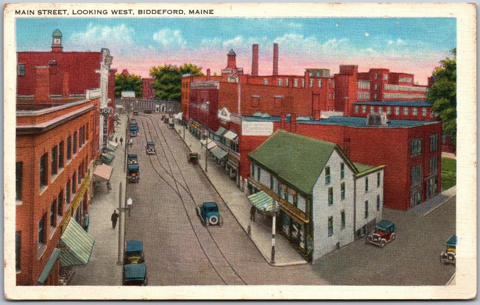 Main Street Looking West Biddeford ME Vintage Street Scene Postcard 2389