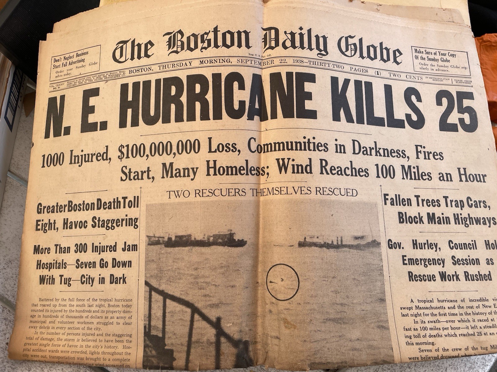 The Boston Globe newspaper September 22, 1938 Great Hurricane The Boston Globe newspaper September 22, 1938 Great Hurricane