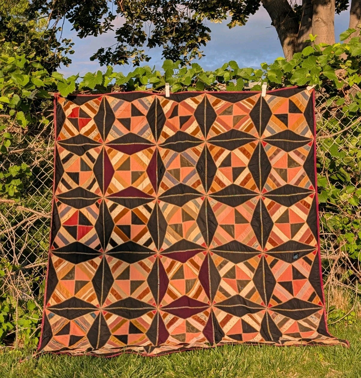 Antique Victorian Geometric Crazy Quilt / Parlor Throw – Hand-Stitched Textile 