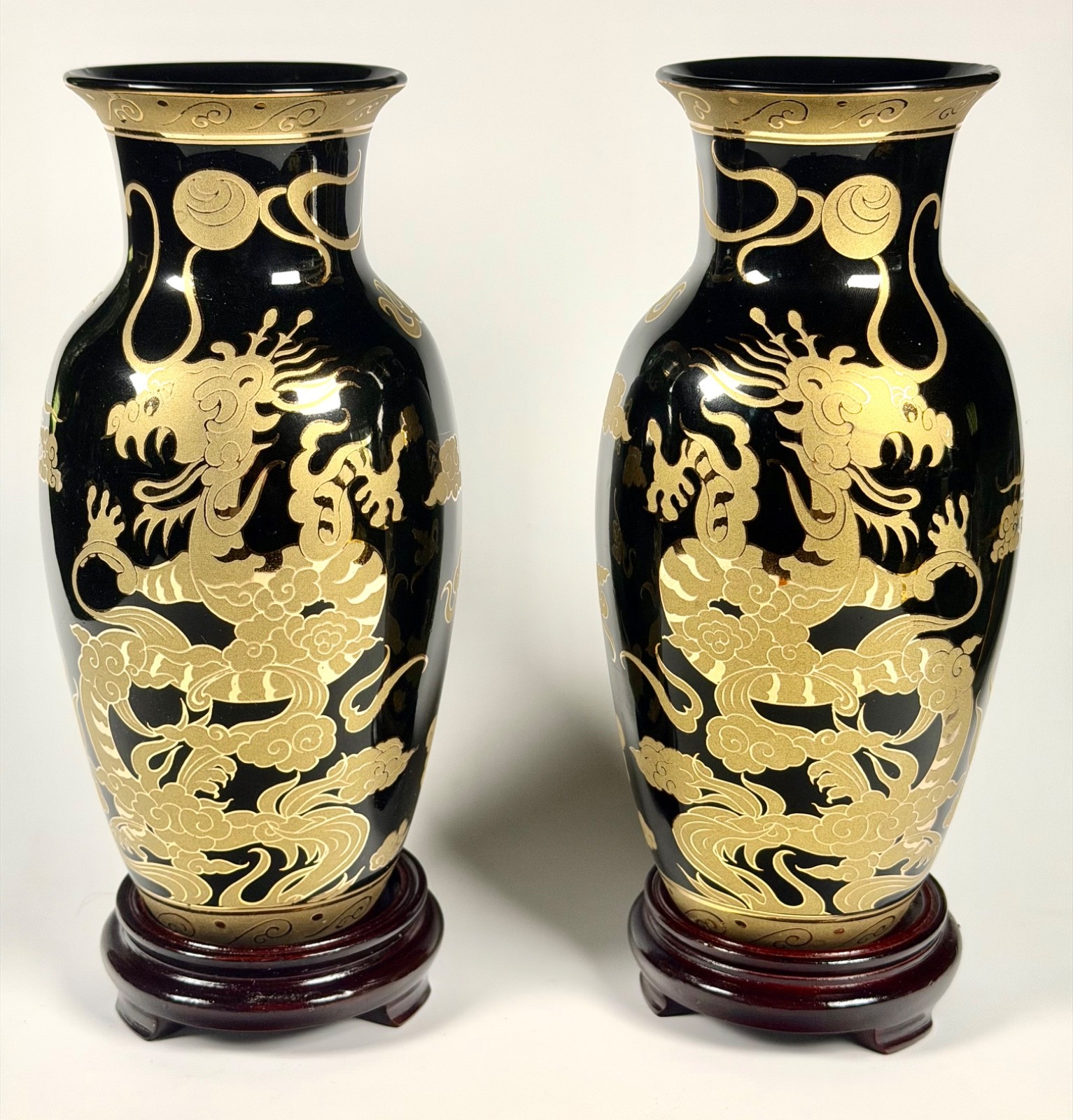 Dragon Vase pair-Vintage Yi Lin Arts & Treasures of China Porcelain -Gold inlay