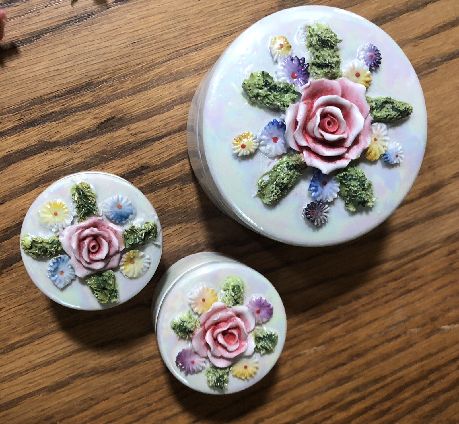 Lovely Vintage GERMANY 3 Piece Floral Dresser Vanity Boxes Jars Lovely Vintage GERMANY 3 Piece Floral Dresser Vanity Boxes Jars