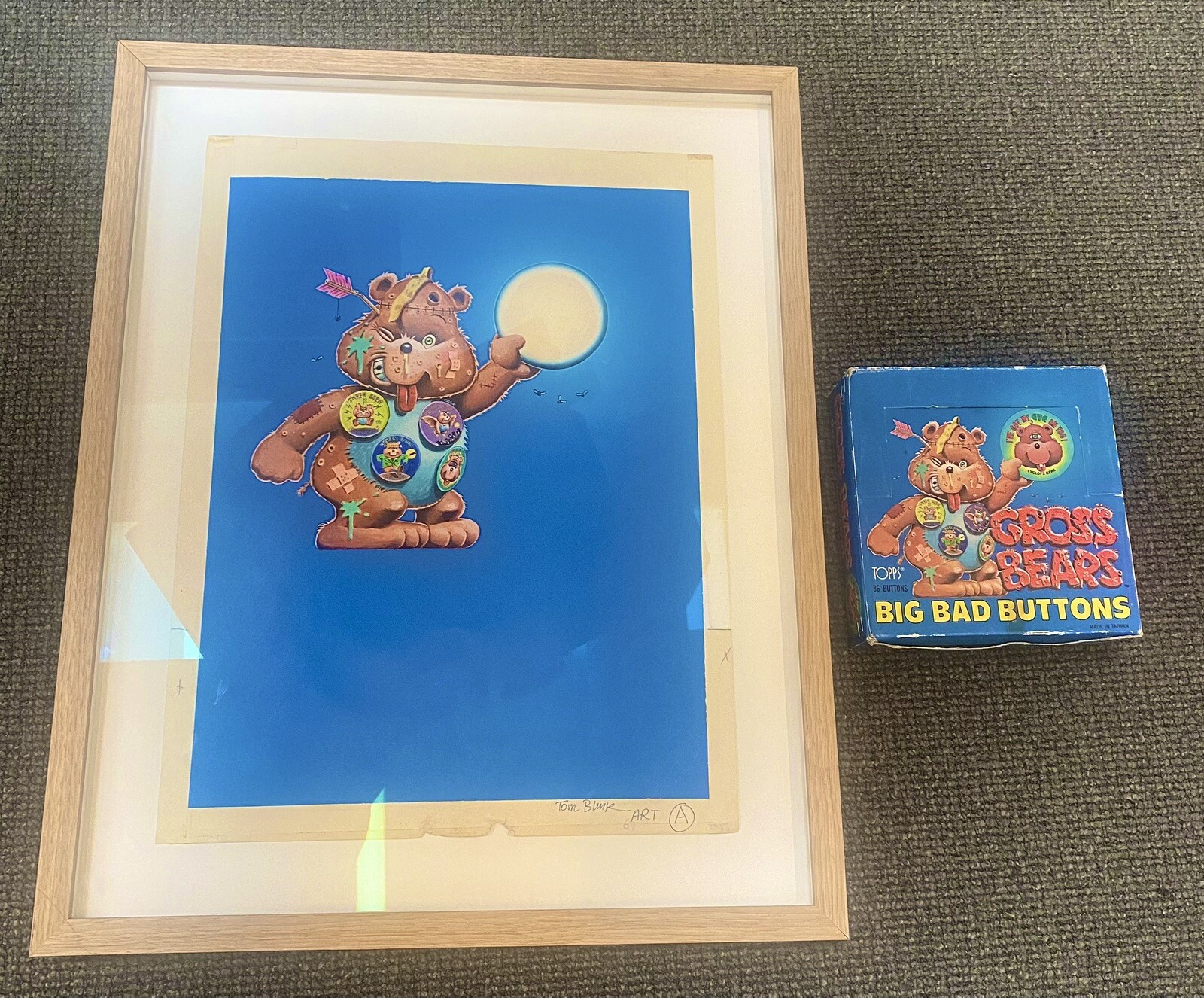 Rare 1/1 TOM BUNK 1985 Gross Care Bears Final Box Art Original Painting W/ Pins Rare 1/1 TOM BUNK 1985 Gross Care Bears Final Box Art Original Painting W/ Pins