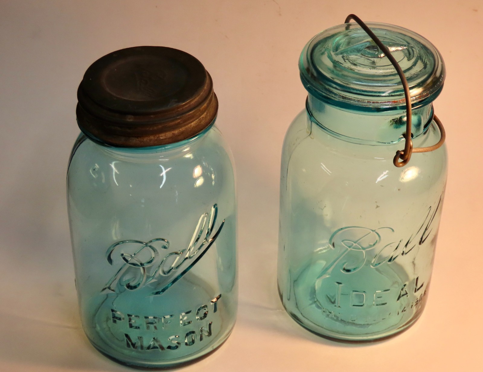 Pair of Lovely Antique/Vintage Aquablue Mason Jars, One 1908 Pat. Date VG+ Cond.