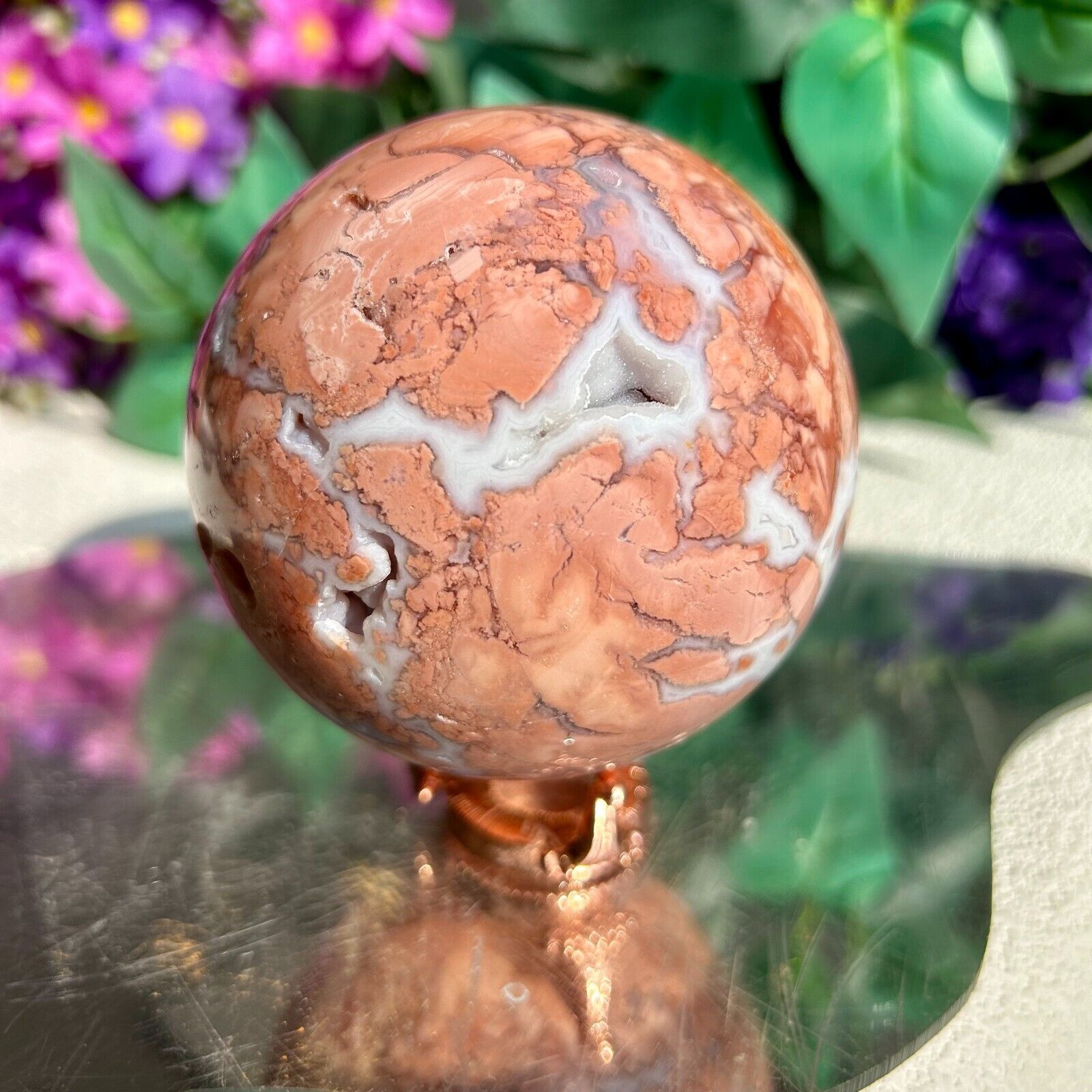 Natural Pink Cherry Blossom Agate Sphere Quartz Crystal Ball Display Healing