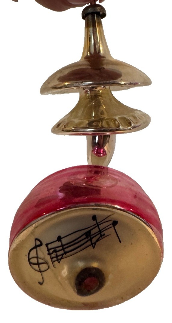 Vintage Blown Glass Drum Cymbals Christmas Ornament Music Notes Figural Pink